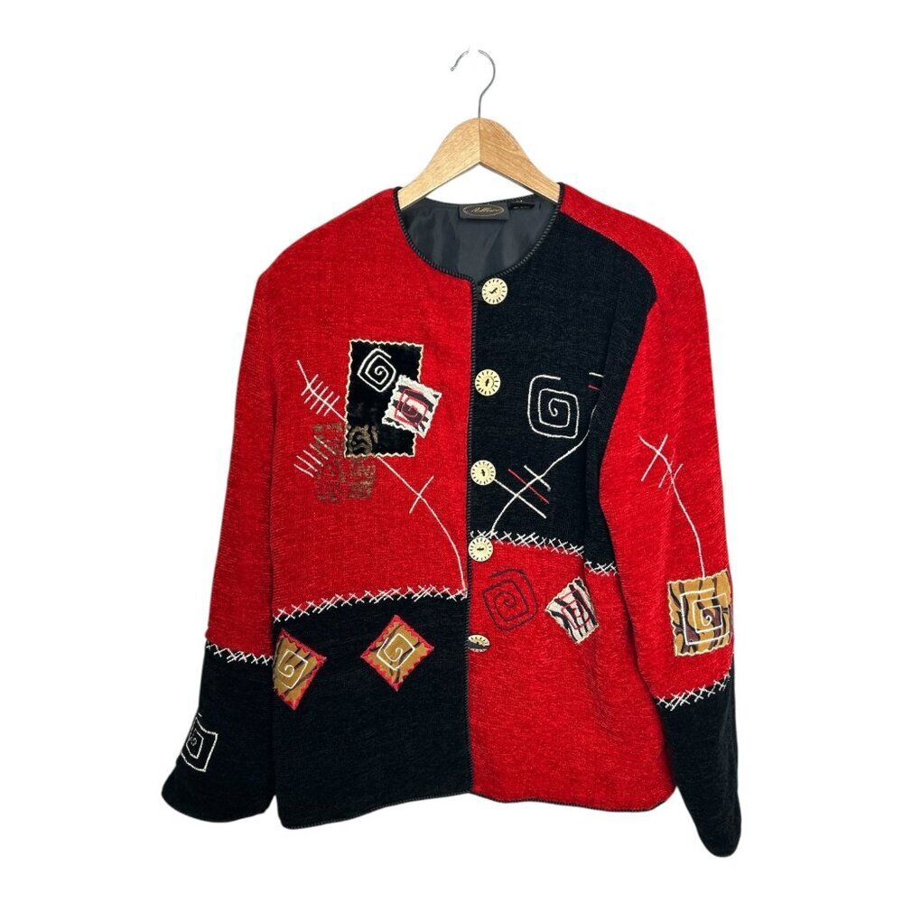 Allure Walking Art Deco Button down Embroidered Cardigan Patchwork Velvet Size M